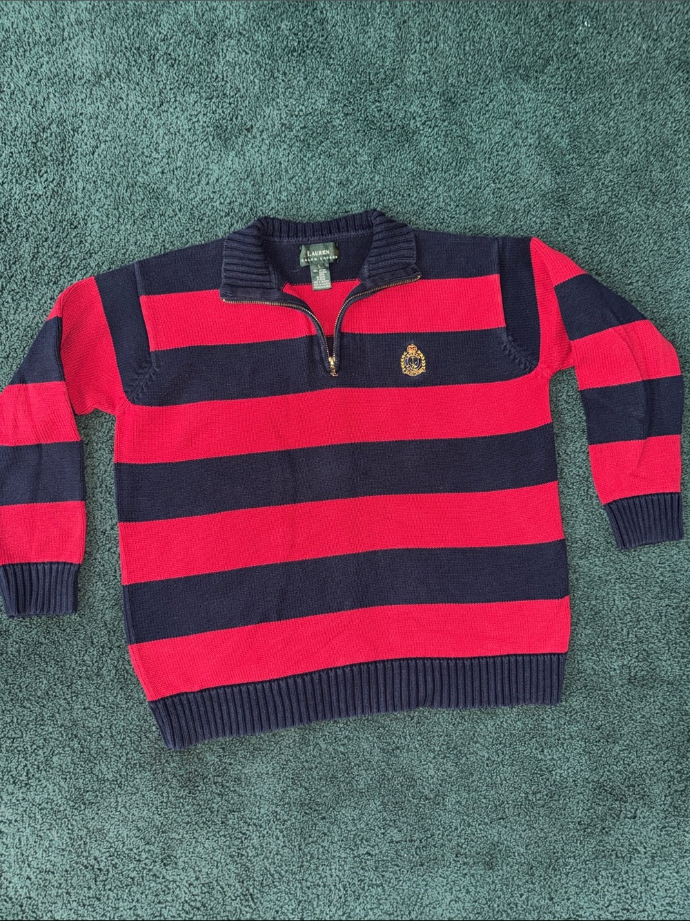 Polo by Ralph Lauren Navy & Red Half-Zip Rugby Stripe Sweater with Crest
